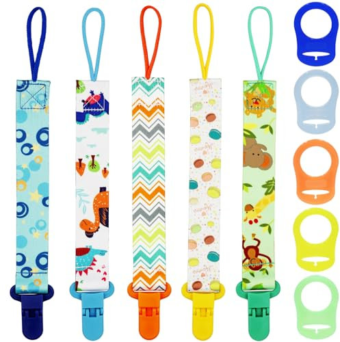 FenFang Baby Dummy Clips with Adapters, 5 Pcs Pacifier Soother Chain Holder Straps with 5 Pcs Silicone Button Rings, Teething Clips for Boys and Girls Unisex, Baby Dummy String Soother Clips (Green)