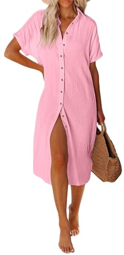 UMIPUBO Vestido Playa Mujer Camisolas y Pareos Largo Traje de Baño Bikini Cover Up Falda de Playa de Botones Verano Vestido de Bikini(Rosa,S)