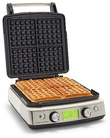 GreenPan Elite Grofrera de 4 Placas para Gofres Clásicos y Belgas, Placas de Aluminio Cerámico Antiadherente Sano Apto para Lavavajillas, Control de Color/Crujido, Sin Rebose,Fácil Limpieza,Crema Nube