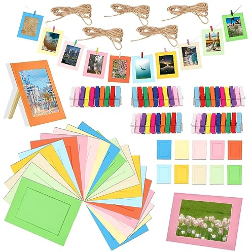 Swpeet Lot de 105 Cadres Photo en Papier Coloré de 12,7 cm - 50 Cadres d'Album à Suspendre, 50 Clips Colorés et 5 Cordes - Pour Photos 7,6 x 12,7 cm