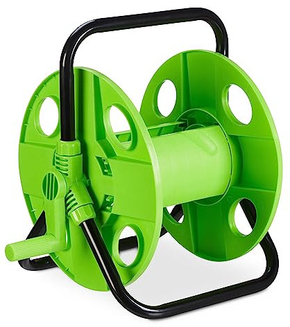 Relaxdays Schlauchtrommel, für 30 m 1/2 Schlauch, Stahl, Kunststoff, Schlauchhalter, HBT: 38 x 42 x 31 cm, schwarz/grün