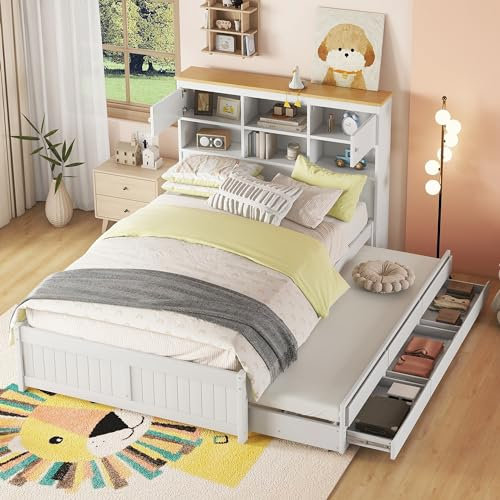WENCHSH Massivholz-Bett Einzelbett Bettgestell Bett aus Massivholz 140x200 zum Ausziehen und Stauraum, Ausziehbares Podestbett mit Rollbett und 3 Schubladen lattenrost aus Holz, weiß