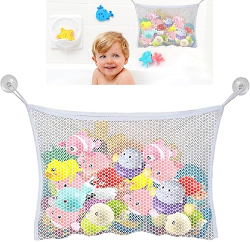 Badleksak nätförvaring, 1 st badnät, vikbart förvaringsnät med 2 sugkrokar, snabbtorkande baby barn nätbad, håller vatten fritt snyggt.