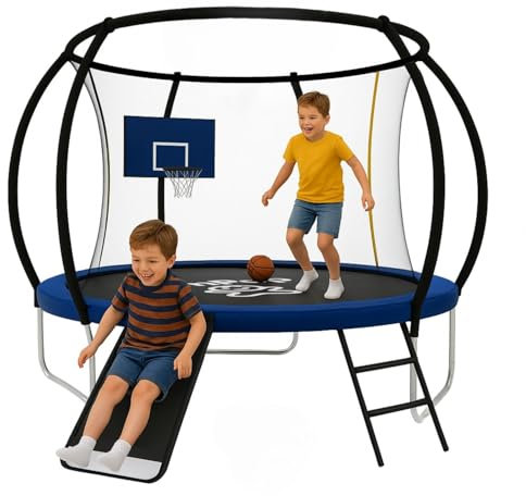 JumPop® Trampolines para Niños en 183/244/305cm con Tobogán de Regalo + Canasta y Pelota de Basket | Camas Elásticas para Niños Exteriores con Vídeo QR incluído de Montaje (183x183 CM)