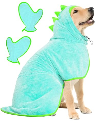 HOSHINO Dog Drying Coat, Microfiber Quick Drying Dog Bathrobe Towel, Pet Bathrobe Towels with Pair of Dogs Paw Cleaning Gloves for Bath, Swim, Wet Walk (Blue Dinosaur, XL)