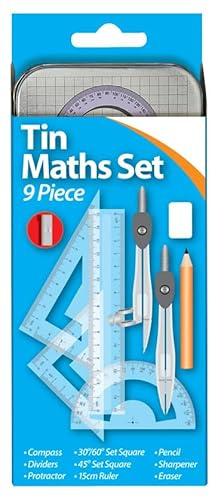 9 Piece Geometry Maths Set with Storage Tin, Metal Compass, Dividers, Set Squares, Protractor, 15cm Ruler