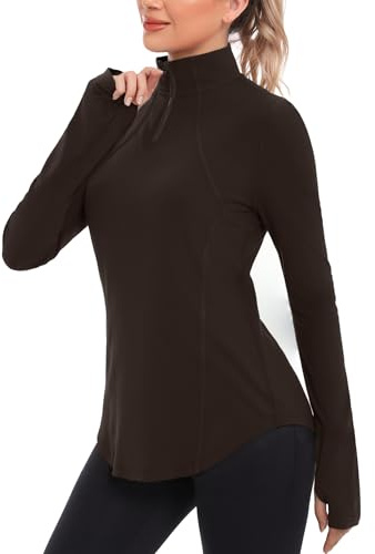 Crewhpo Womens Gym Tops Long Sleeve 1/4 Zip Sports T-Shirt Workout Running Hiking Top for Ladies Breathable Polo Shirts with Thumb Holes Brown