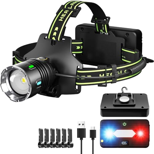Skylla LED Stirnlampe Wiederaufladbar 90000 Lumen, Sensor Headlamp mit 11 Modi, Zoom & 90° Verstellbar, IP67 Wasserdicht, Abnehmbarer Akku für Camping, Arbeit & Notfall