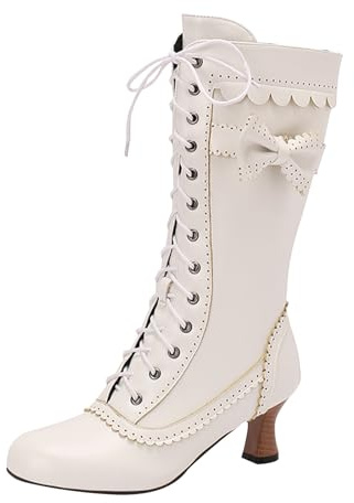 Xbemkste Botas tradicionales para mujer, estilo victoriano, con cordones, medievales, de becerro medio, vestido de boda, elegantes, botas largas de invierno, Blanco, 41 EU