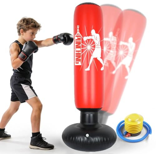 Saco de boxeo para niños de 6 a 12 años, 160 cm, saco de boxeo inflable, saco de boxeo de pie para niños, regalos para niños y niñas para practicar karate, taekwondo y artes marciales mixtas