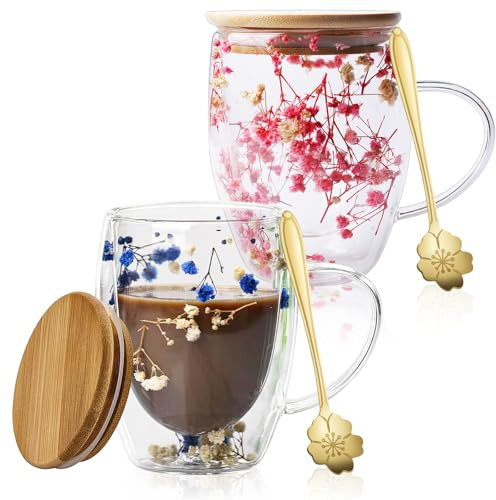 2 stycken dubbelväggiga kaffekoppar med torkad blomma, 350 ml dubbelväggiga glas med handtag, blommor dubbelskikt glaskoppar, torkade blommor kaffemuggar, macchiato-glas med torkade blommor för te