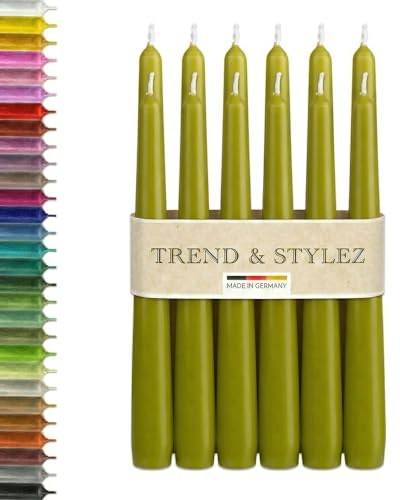 Elegant Tapered Candles 250 x 23 mm - Premium Table Candles & Table Decoration - Drip-Free, Odourless - 8 Hours Burning Time, RAL Certified, Made in Germany (Olive, Pack of 12)