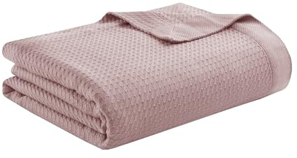 Madison Park Soft Certified 100% Egyptian Cotton Breathable Cozy Blanket, Premium Waffle Knit Classic Design, Luxury All Season Lightweight Cover for Bed, Couch and Sofa, Rose Twin(66x90)