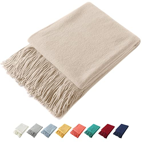Homiest Dekorative gestrickte Überwurfdecke mit Fransen, leichte Decke, Acryl-Strickdecke, weiche und gemütliche Quasten-Decke für Couch, Sofa, Bett (Beige, 127,7 x 152,4 cm)
