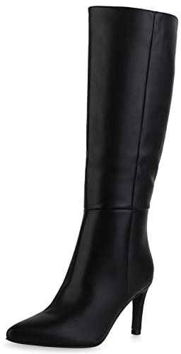 VAN HILL Damen Leicht Gefütterte Klassische Stiefel Spitze Schuhe Stiletto Absatzschuhe Basic Freizeit Boots 210014 Schwarz 38