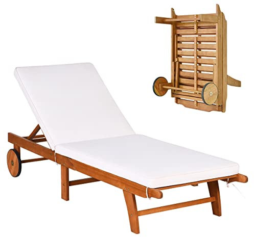 GIANTEX Sonnenliege Klappbar, Mobile Gartenliege mit Rollen, Liegestuhl mit Verstellbarer Rückenlehne, inkl. Kissen, Relaxliege Strandliege Massivholz bis 160 kg belastbar, Liege Garten (Holz)