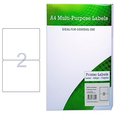 A4 Multipurpose Labels 2 Per Sheet 199.6 x 143.5mm (White) Pk of 100