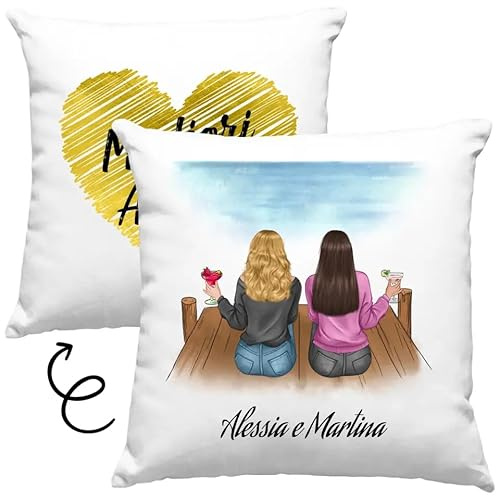 Vulfire Amica Cuscino Personalizzabile - Nome, Capelli, Pantaloni, Giacca, Sfondi e altro da Personalizzare - Idea Regalo per Amiche Compleanno, Natale - con Imbottitura (40_x_40_cm, Bianco)