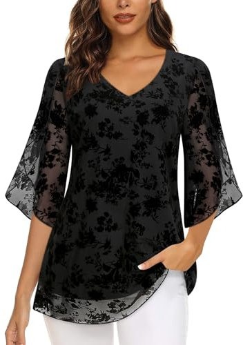 Syphiby Tunique ample et fluide à manches volantées et col en V pour femme, Motif floral noir., XL