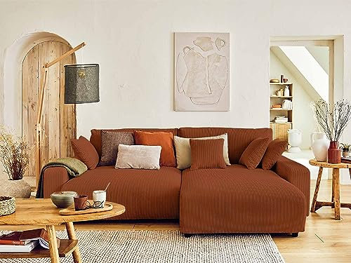 Lisa Design Pivoine – Ecksofa beidseitig montierbar– 4-Sitzer– Schlaffunktion mit Bettkasten – aus Cord Terrakotta