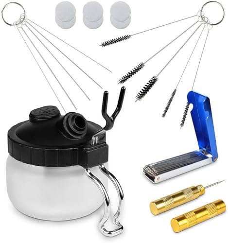 Airbrush Cleaning Kit AILHOMEWELL Airbrush Clean Pot Glass Cleaning Jar with Holder 5pc Cleaning Needles/5pc Cleaning Brushes/1 Wash Needle/3 Extra Filters Airbrush Cleaner (31in1 Airbrush Cleaning)
