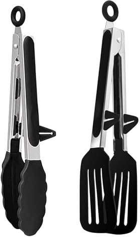 Wenrecu Silicone Tongs Set of 2, 9 Inch Non Slip Locking BBQ & Serving Tongs, Heat Resistant, Dishwasher Safe