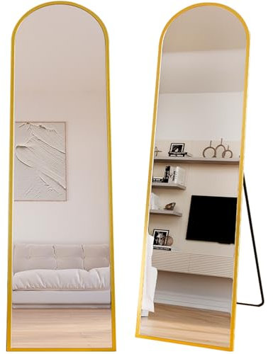 Marctani Espejo de Pie Cuerpo Entero - Espejo Grande y Largo con 3 Formas de Uso, Independiente, Montaje Pared y Apoyado - Marco de Aluminio para Dormitorio, Baño o Salon (Dorado 150x40cm)