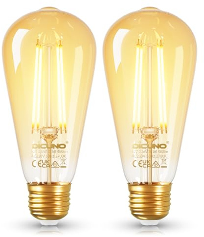 DiCUNO Vintage Light Bulb E27 Edison Screw Bulb ST58, 2.5W Equivalent to 40W, Energy Efficiency Class B Filament Glass LED, Warm White 2700K, 480LM, Non-dimmable, 2 Pcs