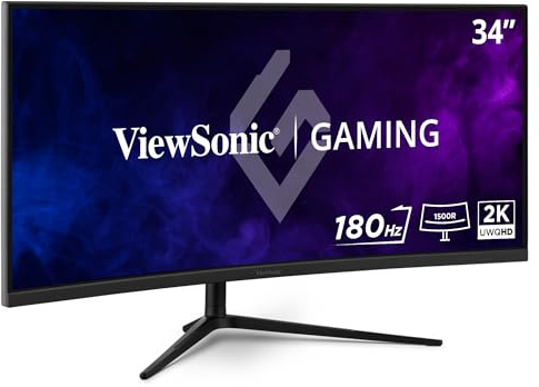 ViewSonic VX3418C-2K Écran PC Gamer Incurvé 34 Pouces, UWQHD 3440 x 1440, 180Hz, 1ms MPRT, VA, 1500R, Haut-parleurs Intégrés, Ergonomique, FreeSync Premium Compatible, HDR10, 2 x HDMI, 2 x DisplayPort