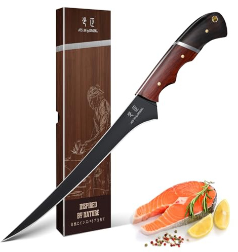 DRGSKL Fish Fillet Knife 7inch - Black Meat Slicing Knife in High Carbon Steel, Boning Knives for Meat Poultry Chicken Trimming, Fish Knives with Wooden Handle, Gift for Men