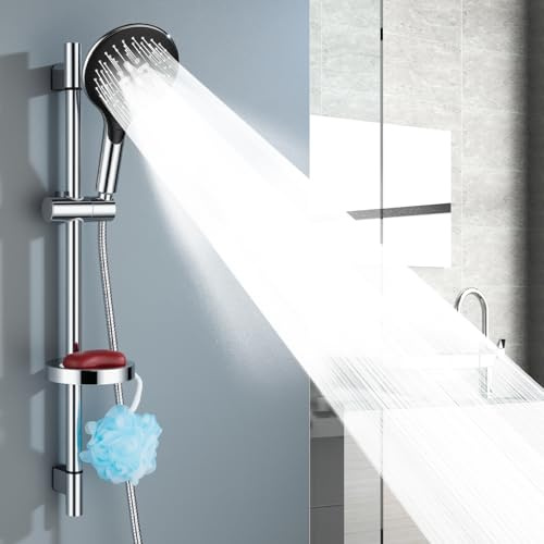 Ronvie Duschstange 73cm mit 3-Strahlarten Handbrause und Ablage | Edelstahl Brausestange mit 150cm schlauch, Duschset mit 360° drehbarer Brausehalterung
