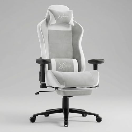 Blisswood Velvet Gaming Chair – Reclining Gamer Chair For Adults with Footrest, Adjustable 2D Armrests, Wide Wingless Seat, Comfortable Ergonomic Computer Chair with Thick Foam Cushion - Grey & White