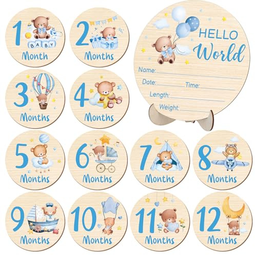 Wooden Baby Monthly Milestone Cards Double Sided Baby Birth Announcement Sign Hello World Milestone Sign Discs Pregnancy Baby Shower Gifts for Newborn Photo Props, Bear