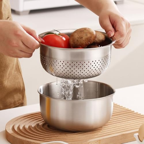 Juego de cuencos de acero inoxidable, colador 304 con agujeros de drenaje finos de 2 mm para arroz, pasta, frutas, verduras, apto para lavavajillas (lavabo de tren de 17 cm)