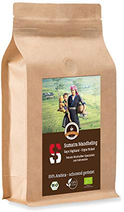 Kaffee Crema Bio Sumatra Highland - 1000 g Ganze Bohne - für Kaffee-Vollautomat, Kaffeemühle, Handmühle - Spitzenkaffee - Röstkaffee aus biologischem Anbau