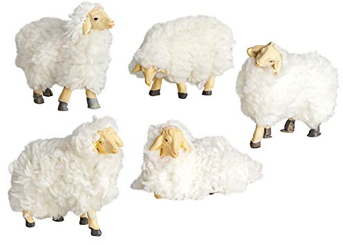 Cinque pecore di lana [scala 7 cm, soffice pelliccia] – simpatici animali da presepe e statuine per presepe come accessorio per presepe e paesaggi in miniatura