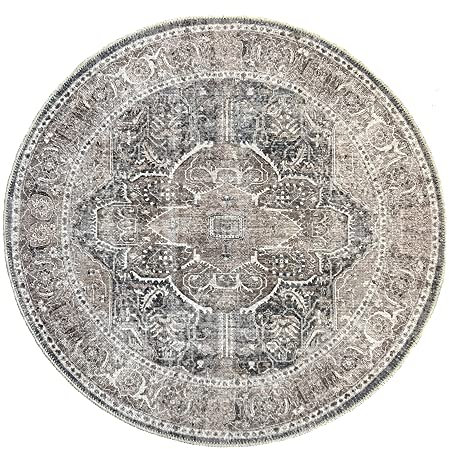 the carpet Zen Klassicher Vintage Wohnzimmer Teppich im Modernen Used Look, Superflach, Waschbar bis 30 Grad, Baumwollrücken, Orient Muster, Grau Braun, 120 cm Rund