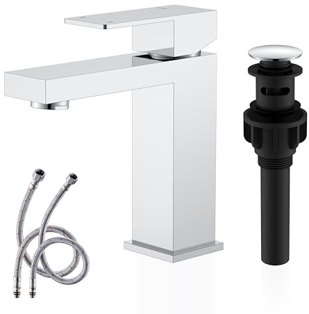KENES Chrome Bathroom Faucet Single Handle Bathroom Sink Faucet Lavatory Vanity Faucet with Pop Up Drain & Water Supply Lines LJ-9031-5