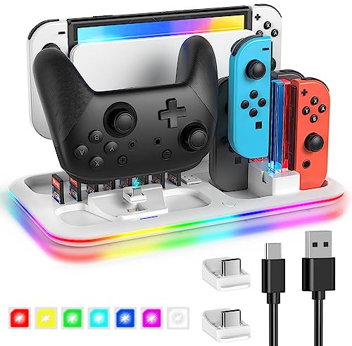RGB Switch Controller Ladestation für Nintendo Switch/OLED Modell, Gorixer Switch Ladestation für 4 Joypad und Switch Pro Controller mit LED, 8 Switch Spiele Lagerung,Switch Zubehör