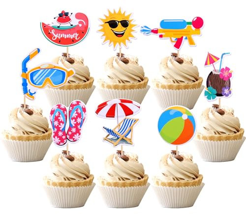Estate Cupcake Decorazioni, Decorazioni per Torte 24 Pezzi Spiaggia Piscina Decorazioni Torta Cupcake Topper Compleanno Topper Torta per Feste Estive a Tema Decorazione Forniture