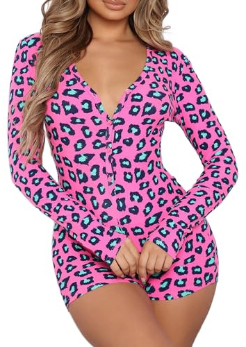 Springcmy Women Christmas V-Neck Shorts Jumpsuit One Piece Bodysuit Pajama Long Sleeve Bodycon Rompers Overall Pjs Sleepwear