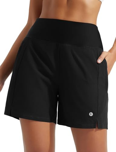 baleaf Womens Swim Shorts 5 High Waisted with Built-in Shorts Liner Quick Dry Swimming Bottoms with Zip Pockets for Summer Beach Surfing Running Black L