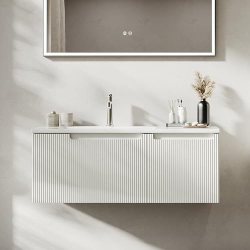 BRIDGE BENO 100 cm Wandschrank Mit Mineralharzspüle, Schublade Und Tür, Ultradünn, Soft-Close, Gerippter Akzent, Geeignet Für Große Badezimmer, Mattweiß