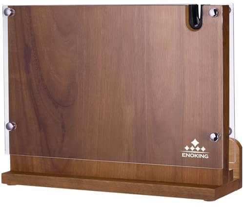 ENOKING Grande Ceppo Coltelli da Cucina, Porta Coltelli Cucina Doppio Lato Magnetico con Schermo Acrilico, Ceppo Coltelli Vuoto con Affilacoltelli, Portacoltelli da Cucina Magnetico in Legno di Acacia