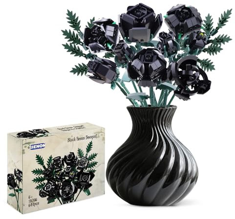 Bouquet de roses noires - Lot de 10 pétales et 2 feuilles - Collection botanique - Fleurs artificielles pour décoration gothique Halloween - Kit de construction