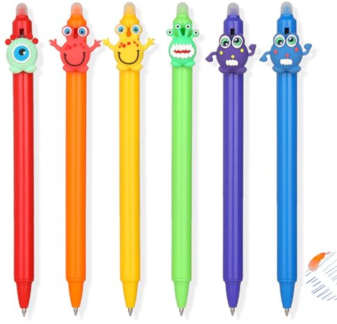 Rnigra Erasable Gel Pens, 6 Colors Retractable Cartoon Monster Erasable Pens, Eraser Pen 0.5mm, Pen With Eraser, Blue Ink for Drawing Writing Journaling Planner