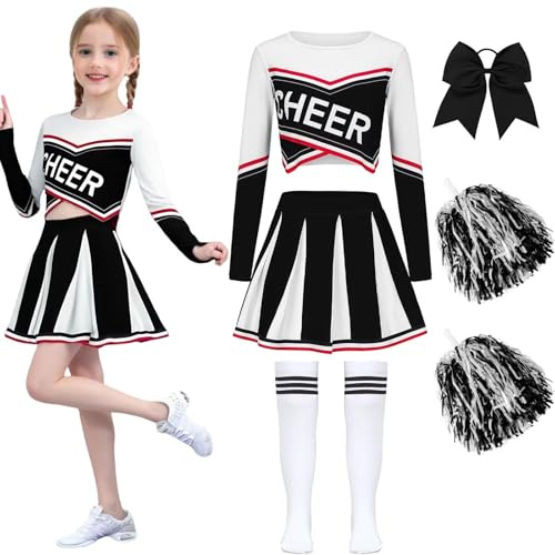Deguisement Cheerleader Costume Pompom Girl avec Pom Poms Nœud Et Chaussettes Costume de Cheerleader Uniforme de Cheerleadering Pour Carnaval Cosplay Mascarade Halloween FêTe Performance-Black 120