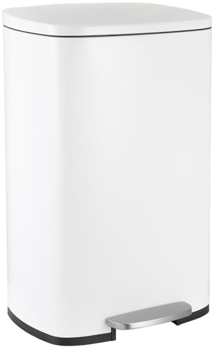 LIFERUN Rubbish Bin 50L, Stainless Steel Trash Can, Soft-Close Pedal Bin, Large Waste Bin with Lid, Removable Inner Bucket, Odor Isolation, for Kitchen, Bathroom, Office, Ivory White
