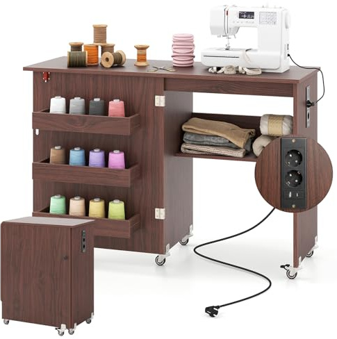 RELAX4LIFE Table de Couture Pliante avec Station de Charge, 2 Prises-Port USB-Type C, 3 Compartiments, 5 roulettes, Meuble Machine à Coudre pour Aiguilles, Fils et Ciseaux (Noyer)