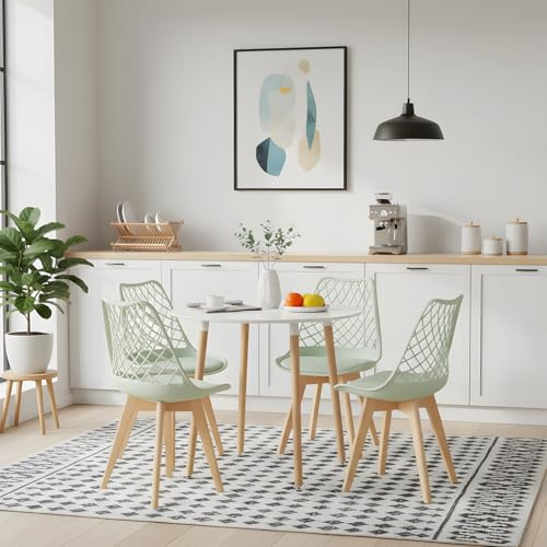 FURNITABLE matbord med 4 stolar, matgrupper, runt bord och 4 matstolar för matsal, kök, vardagsrum (vitt bord och 4 glasgröna stolar)